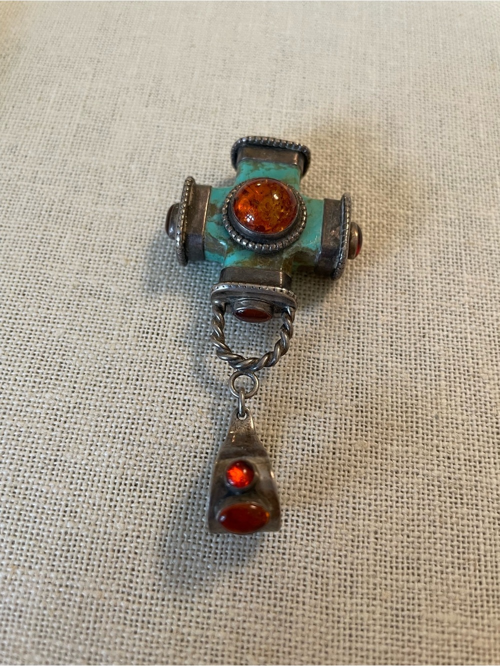 LARGE Reversible Sterling Silver, Turquoise, and Amber Cross Pendant - Picture 3 of 12